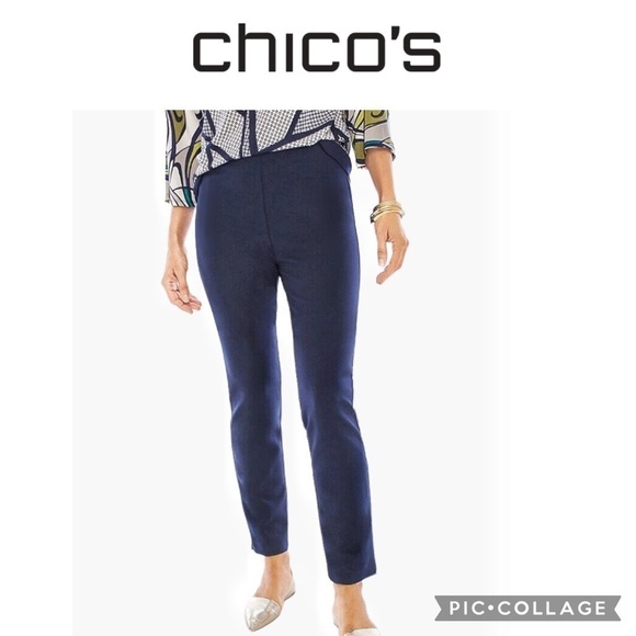 Chico’s pull on stretch flat front straight legs ankle navy blue pants size 6 - Picture 1 of 9